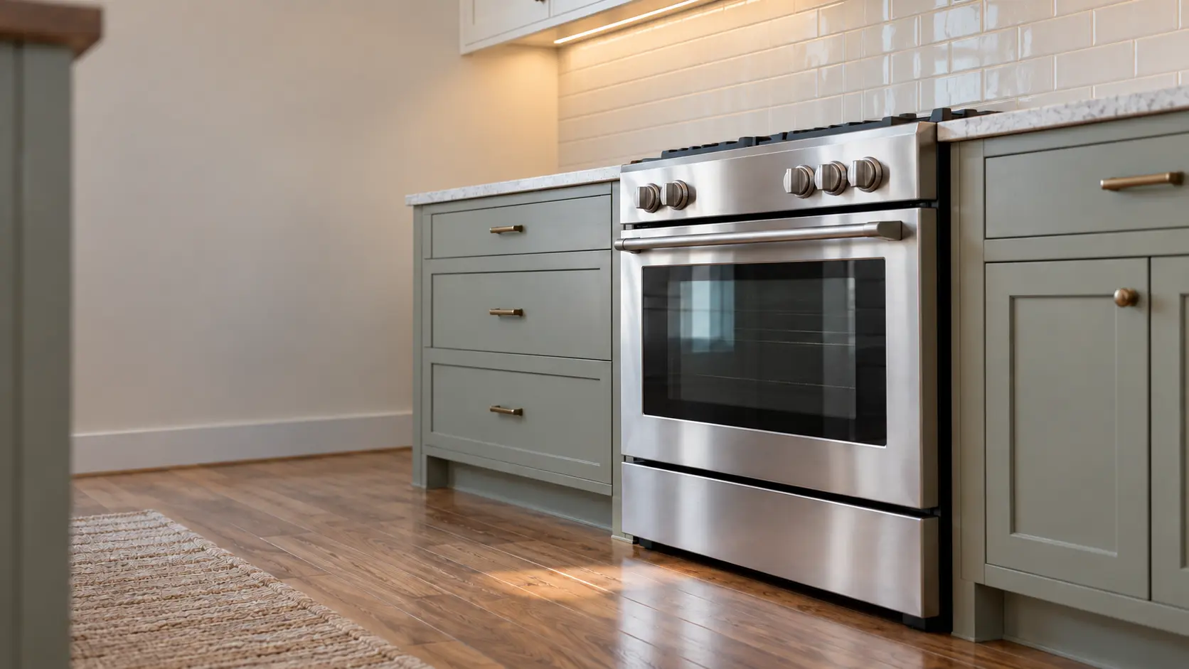 A kitchen with the range in a craftsman bungalow kitchen with a range, seen from a low angle, the oven door glass catching the light.