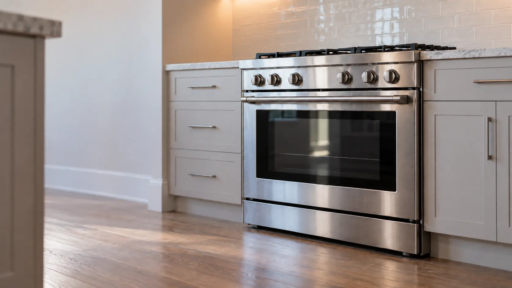 A kitchen with the range in a suburban house kitchen with a 36-inch gas range, seen from a low angle, the oven door glass catching the light.