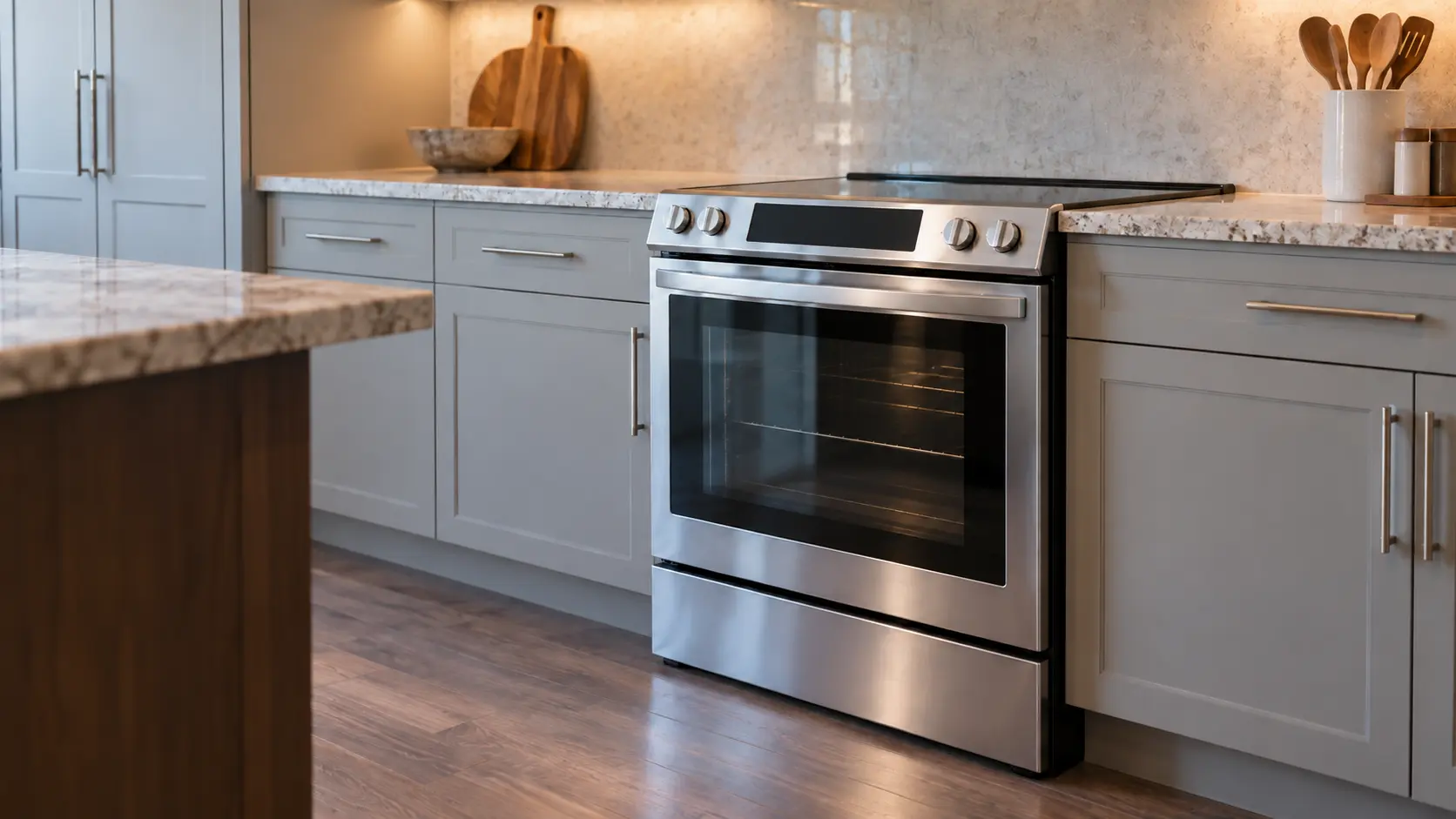 A kitchen with the range in a hillside house kitchen with a slide-in electric range, seen from a low angle, the oven door glass catching the light.