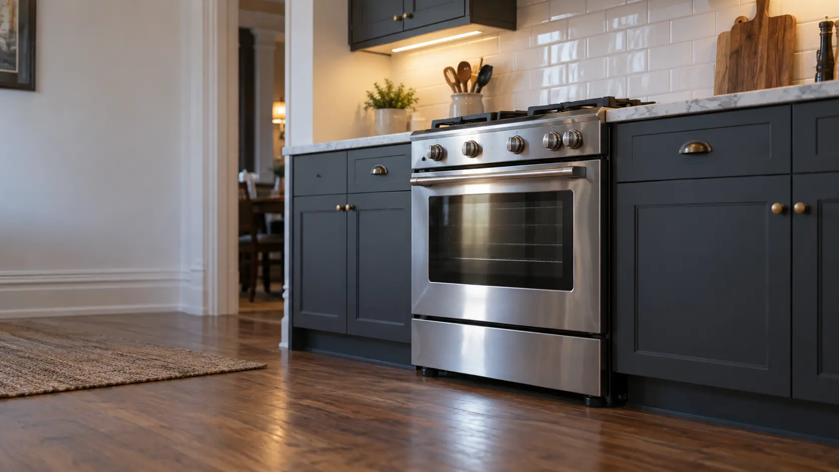 A kitchen with the range in a Victorian flat kitchen with a compact range, seen from a low angle, the oven door glass catching the light.
