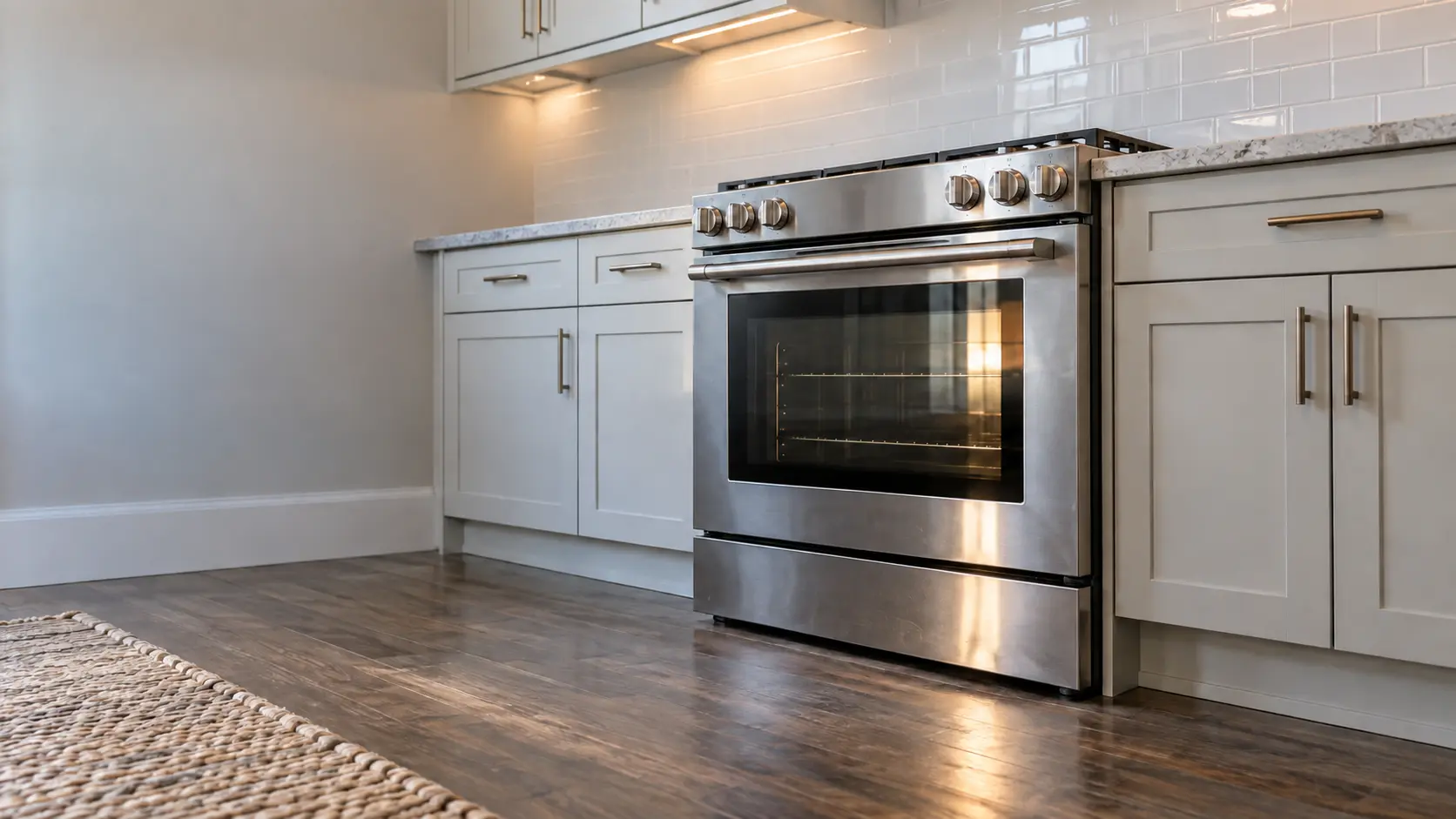 A kitchen with the range in a two-flat kitchen with a range in painted cabinets, seen from a low angle, the oven door glass catching the light.