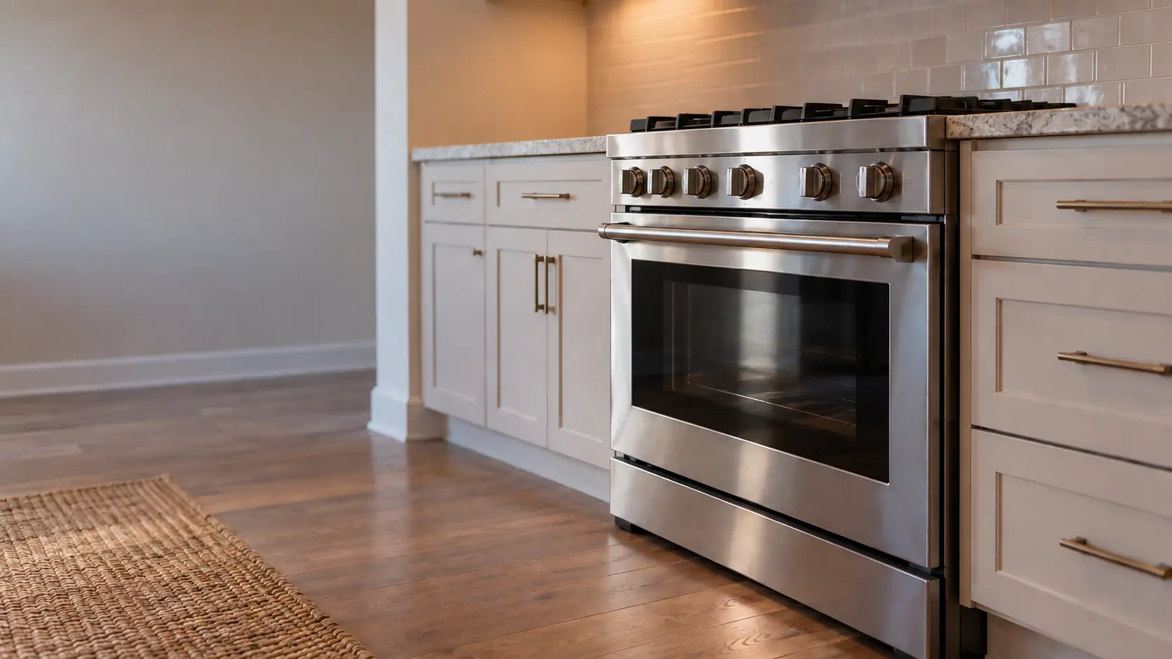 A kitchen with the range in a suburban split-level kitchen with a 36-inch gas range, seen from a low angle, the oven door glass catching the light.