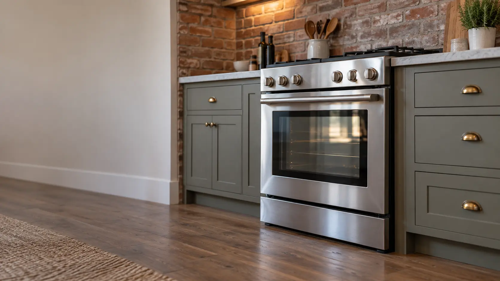 A kitchen with the range in a farmhouse kitchen with a range beside a brick wall, seen from a low angle, the oven door glass catching the light.