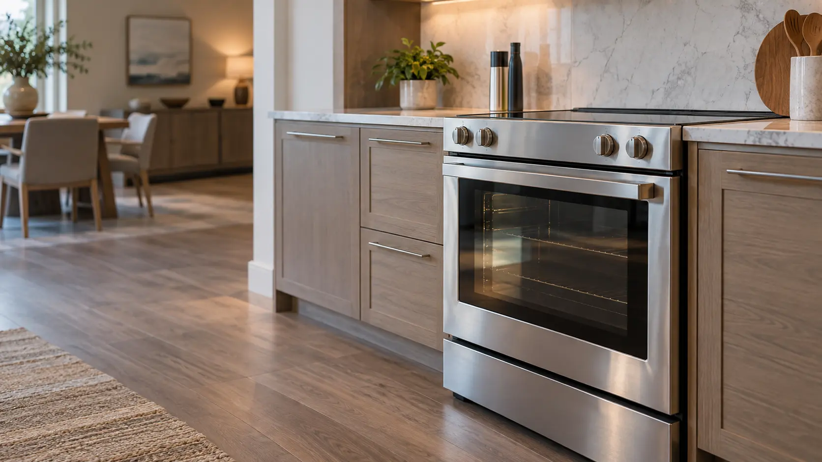 A kitchen with the range in a lakefront house kitchen with a induction range, seen from a low angle, the oven door glass catching the light.