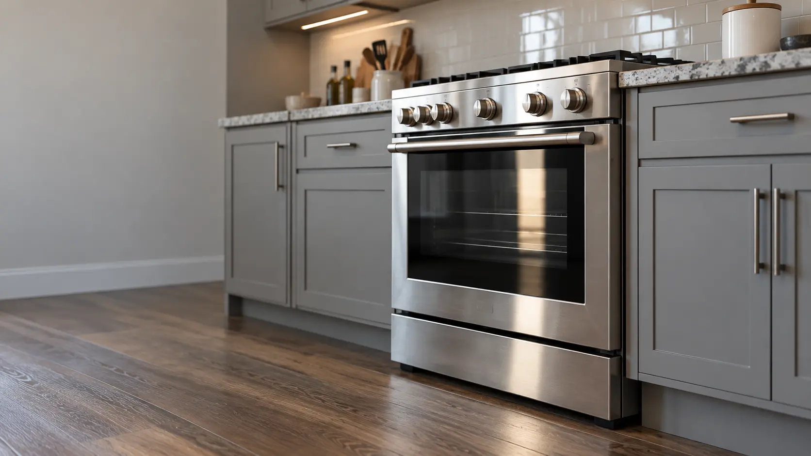 A kitchen with the range in a newer subdivision kitchen with a range in grey cabinets, seen from a low angle, the oven door glass catching the light.