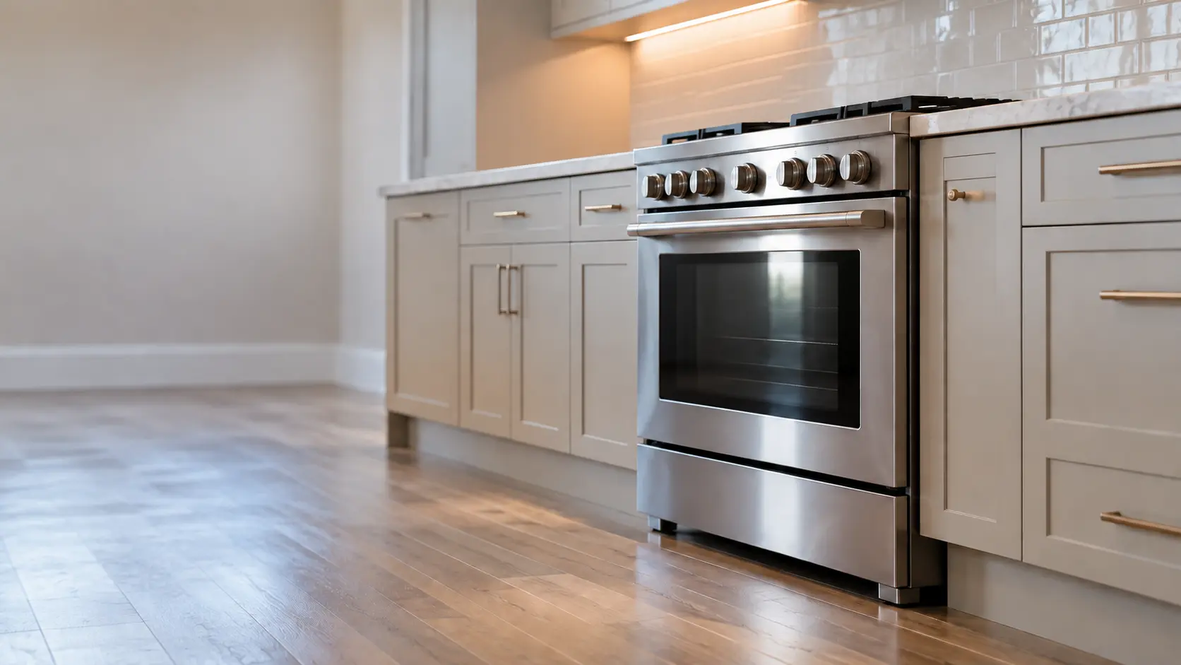 A kitchen with the range in a raised coastal house kitchen with a gas range, seen from a low angle, the oven door glass catching the light.