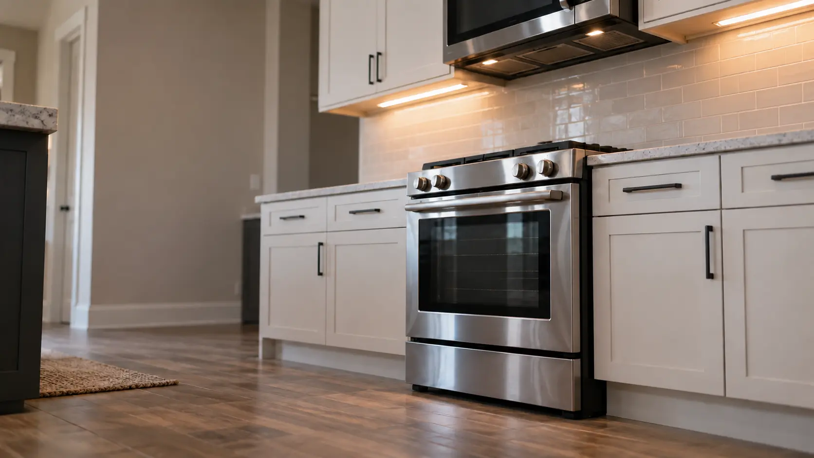 A kitchen with the range in a master-planned community kitchen with a range under a microwave hood, seen from a low angle, the oven door glass catching the light.