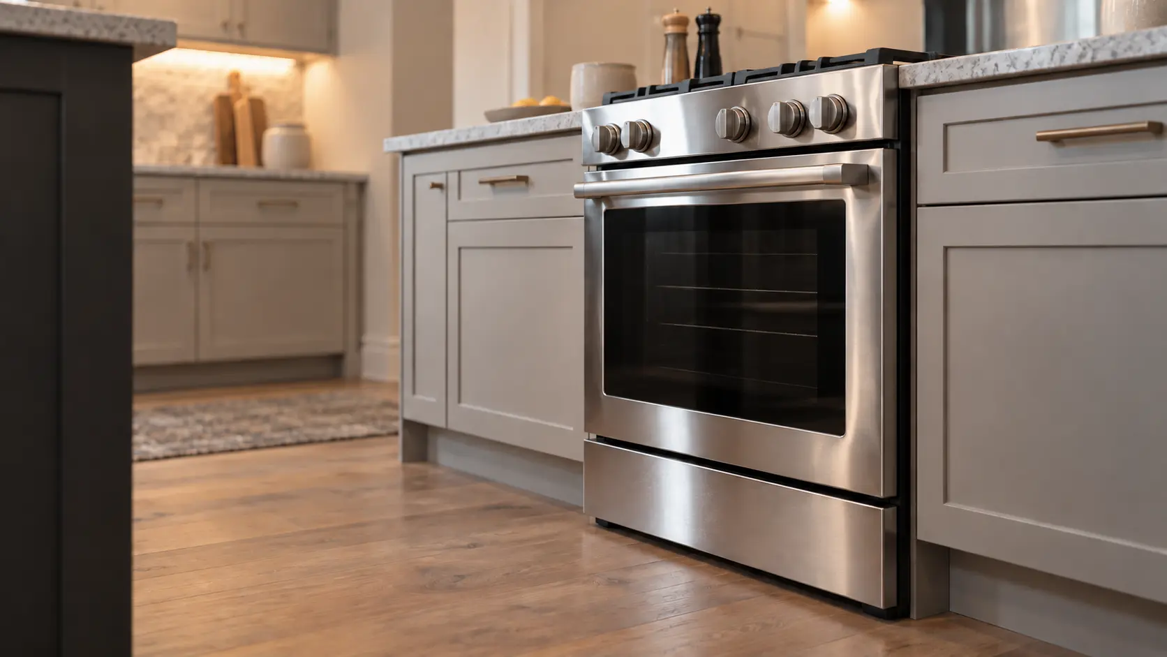 A kitchen with the range in an island house kitchen with a range in painted cabinets, seen from a low angle, the oven door glass catching the light.