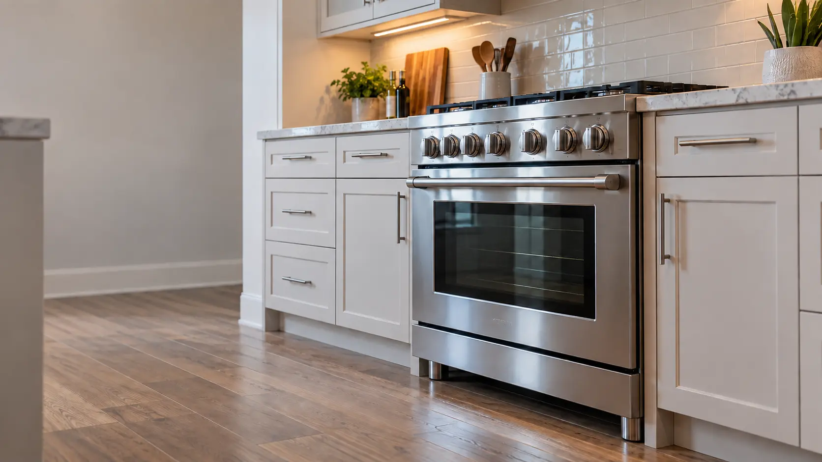 A kitchen with the range in a slab-built house kitchen with a 36-inch gas range, seen from a low angle, the oven door glass catching the light.
