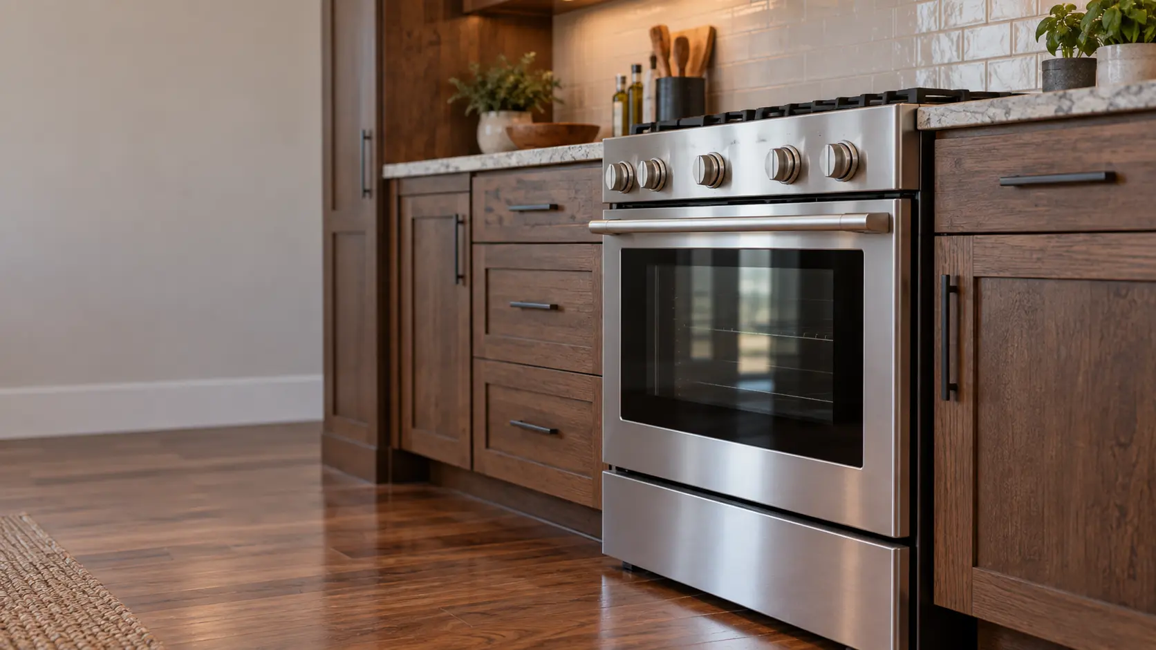 A kitchen with the range in a wooded-lot house kitchen with a range in stained cabinets, seen from a low angle, the oven door glass catching the light.