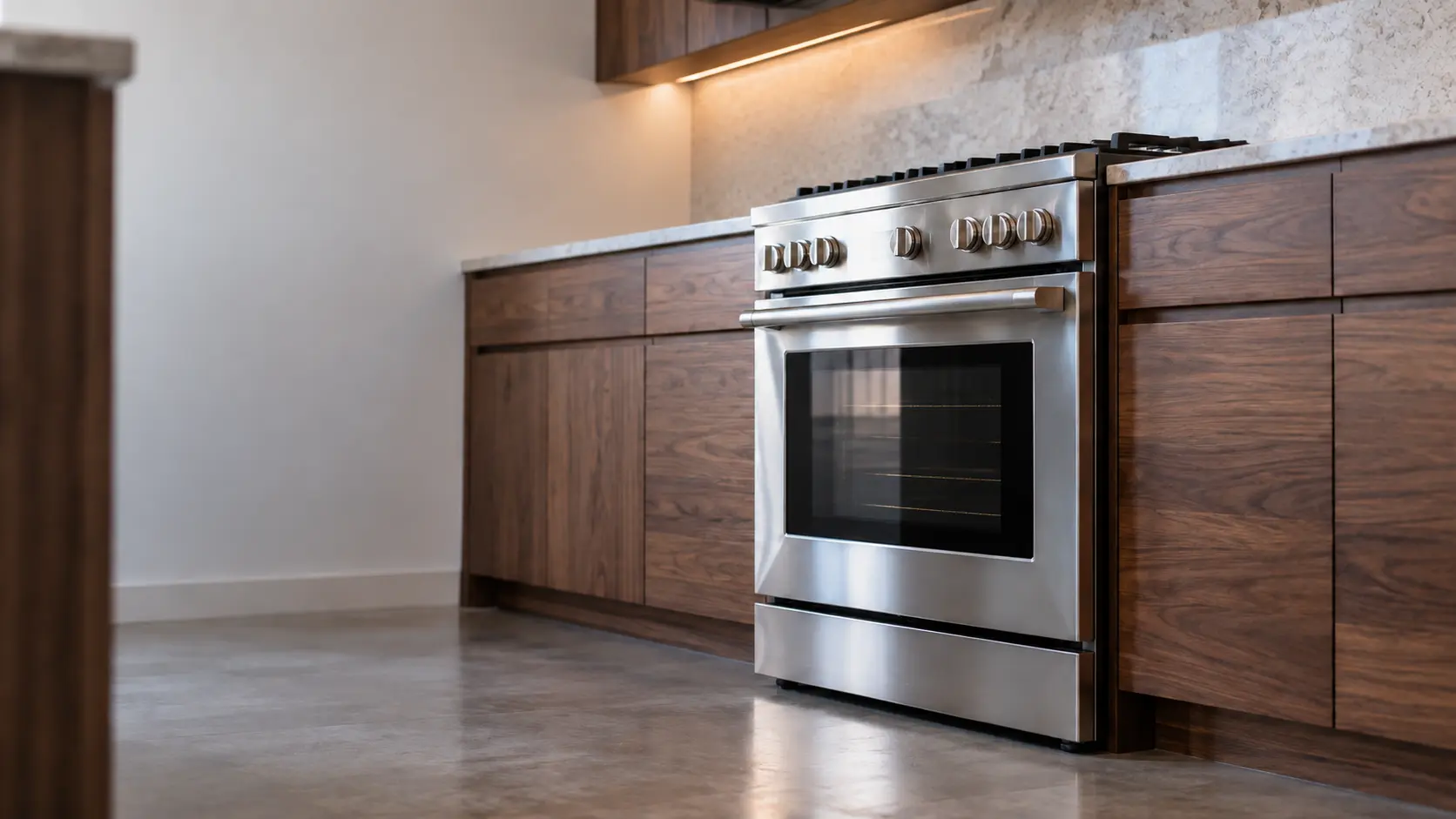 A kitchen with the range in a mid-century house kitchen with a range in walnut cabinets, seen from a low angle, the oven door glass catching the light.