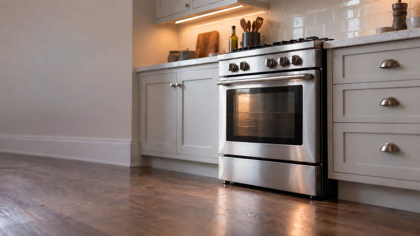 A kitchen with the range in a prewar co-op kitchen with a compact range, seen from a low angle, the oven door glass catching the light.