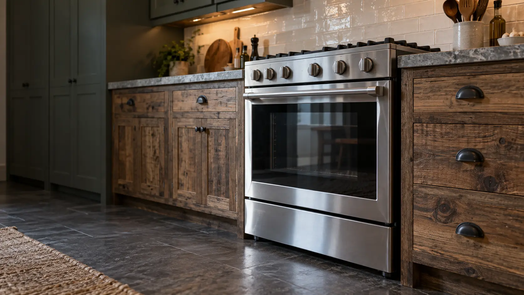 A kitchen with the range in a brownstone kitchen with a range in reclaimed wood cabinets, seen from a low angle, the oven door glass catching the light.