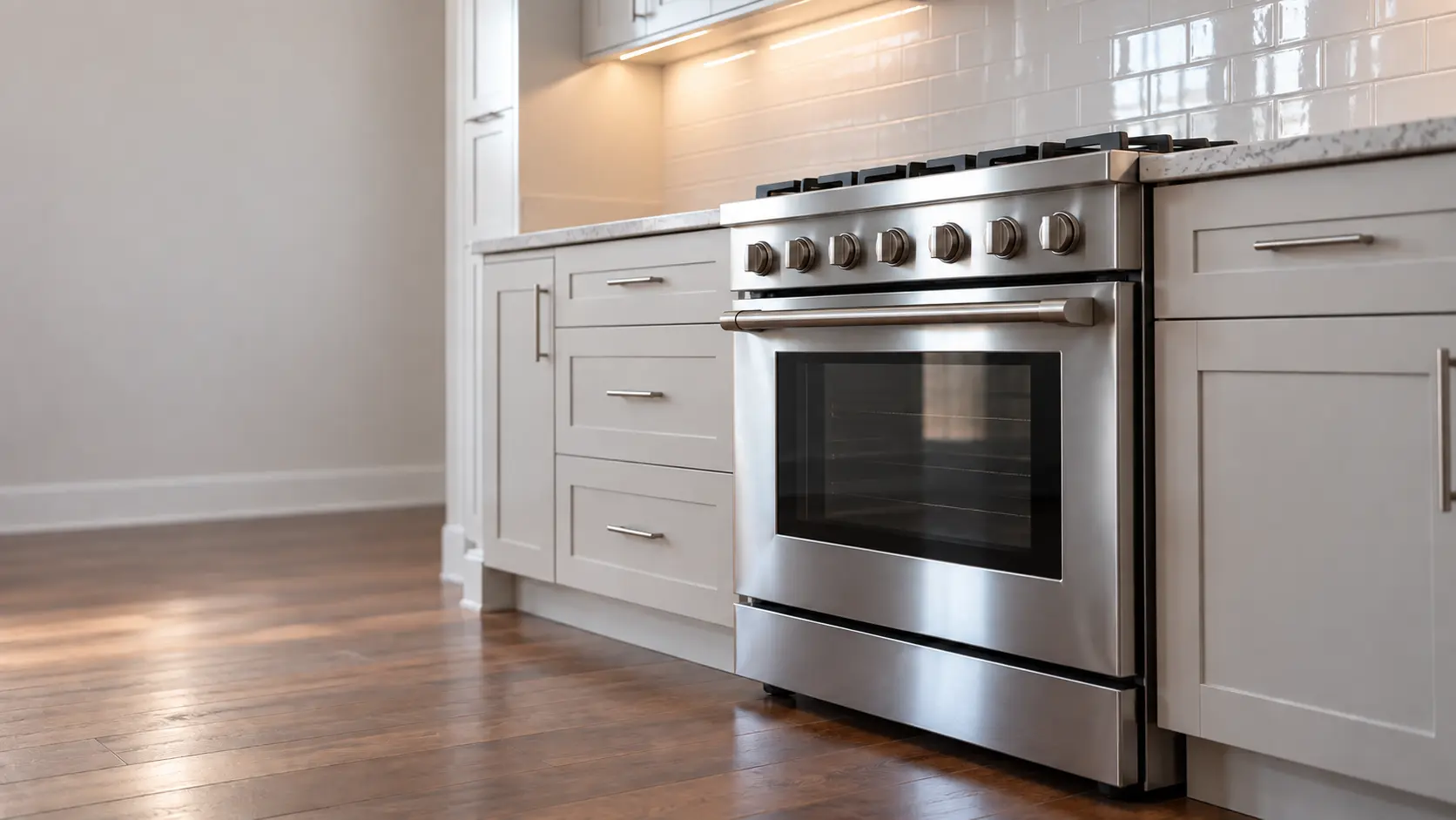 A kitchen with the range in a Long Island colonial kitchen with a dual-fuel range, seen from a low angle, the oven door glass catching the light.