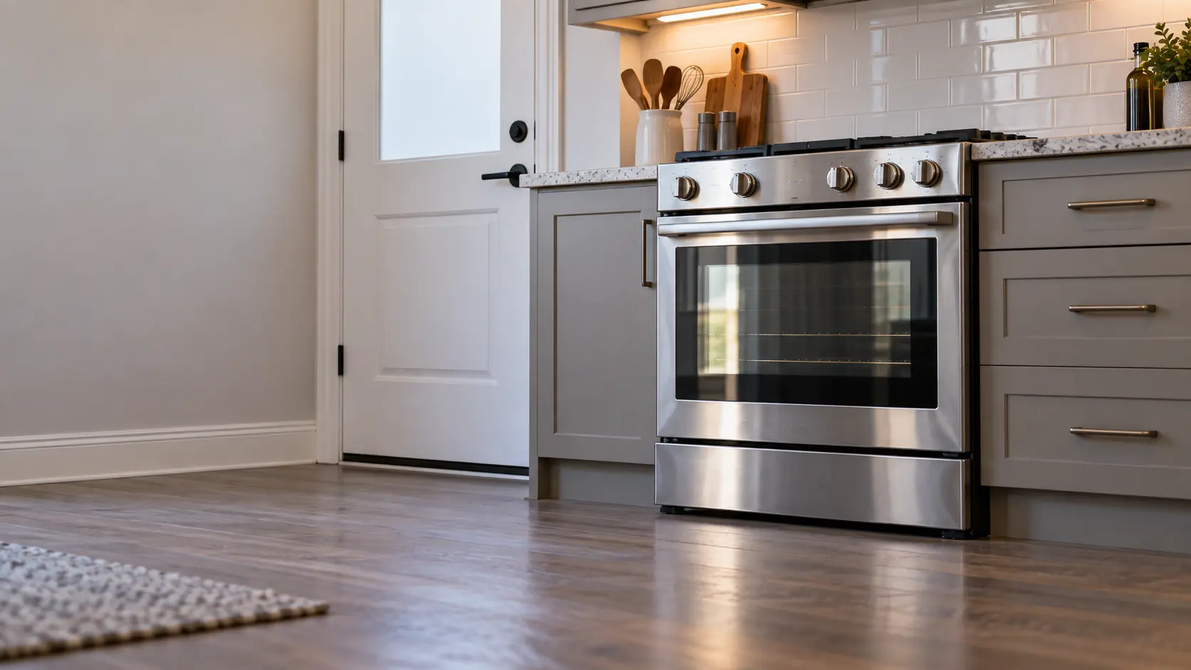 A kitchen with the range in a semi-attached house kitchen with a range beside the back door, seen from a low angle, the oven door glass catching the light.