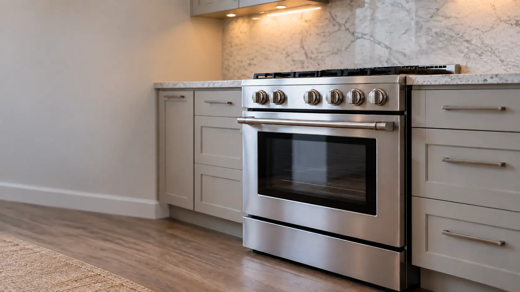 A kitchen with the range in a detached house kitchen with a 36-inch gas range, seen from a low angle, the oven door glass catching the light.