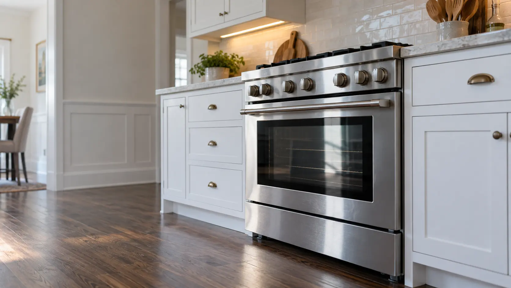 A kitchen with the range in a shingled Long Island house kitchen with a range in white cabinets, seen from a low angle, the oven door glass catching the light.
