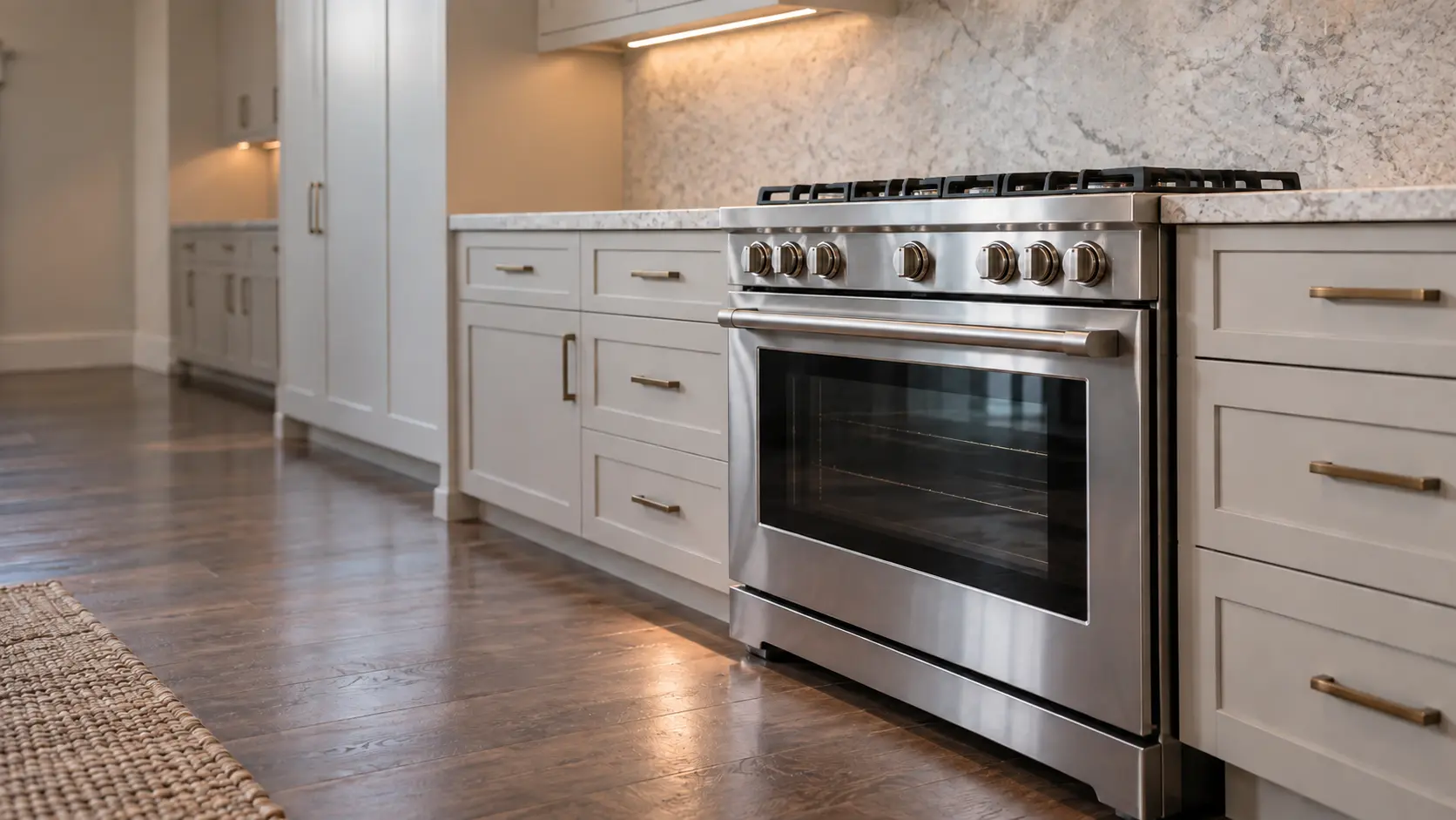 A kitchen with the range in a suburban Tudor house kitchen with a 36-inch gas range, seen from a low angle, the oven door glass catching the light.