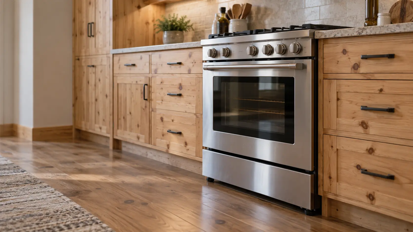 A kitchen with the range in a rural ranch house kitchen with a range in knotty pine cabinets, seen from a low angle, the oven door glass catching the light.