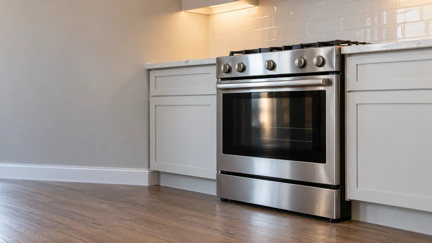 A kitchen with the range in a townhouse kitchen with a range between two counters, seen from a low angle, the oven door glass catching the light.