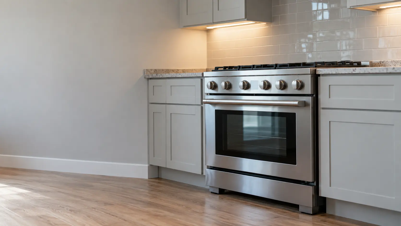 A kitchen with the range in a vacation-rental kitchen with a 36-inch gas range, seen from a low angle, the oven door glass catching the light.