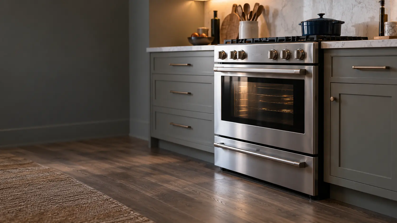 A kitchen with the range in a lakeside family kitchen with a range and a warming drawer, seen from a low angle, the oven door glass catching the light.