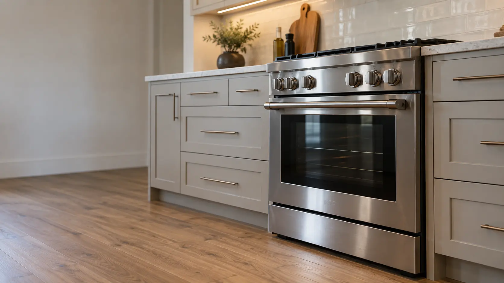 A kitchen with the range in a hillside ranch house kitchen with a pro-style range, seen from a low angle, the oven door glass catching the light.