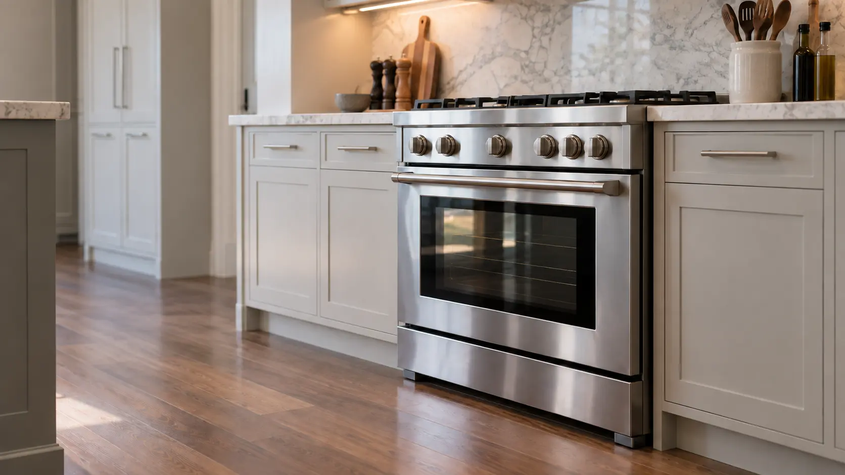 A kitchen with the range in a canal-front house kitchen with a 36-inch gas range, seen from a low angle, the oven door glass catching the light.