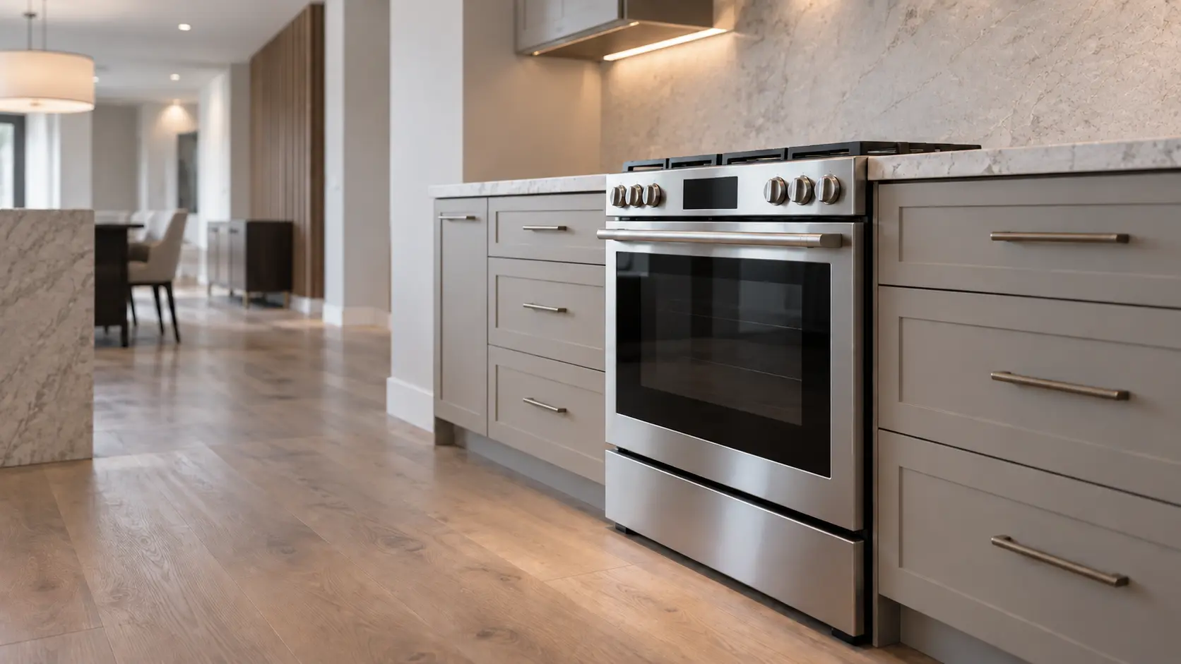 A kitchen with the range in a waterfront condo kitchen with a black slide-in range, seen from a low angle, the oven door glass catching the light.