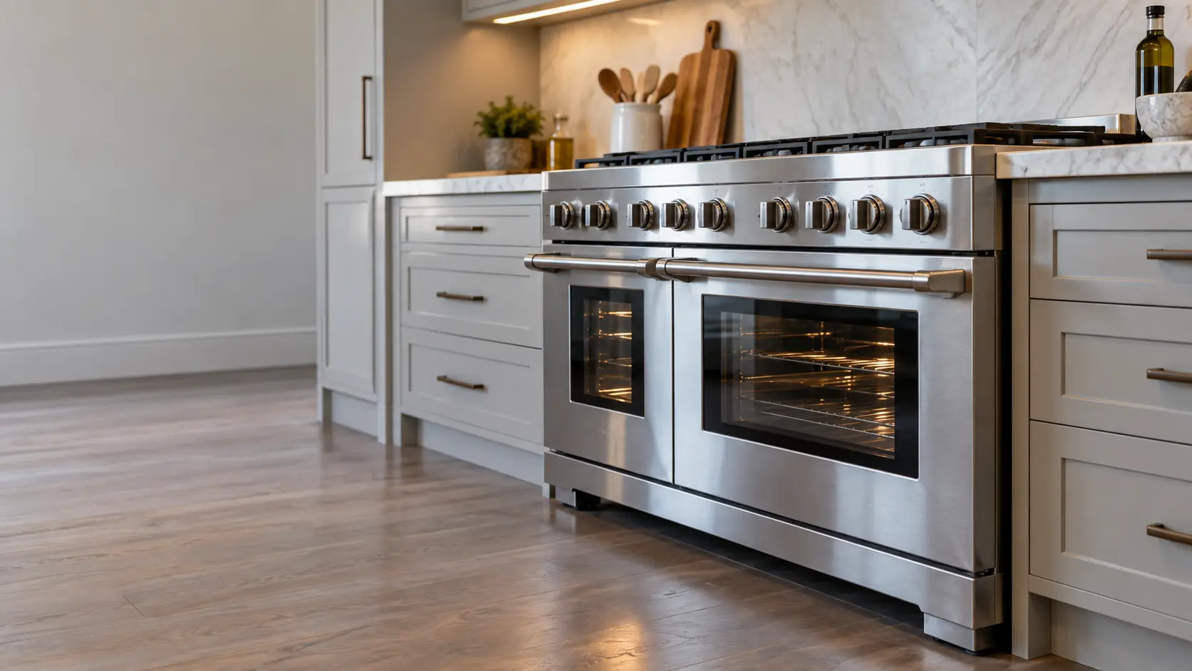 A kitchen with the range in a large estate kitchen with 48-inch pro-style range, seen from a low angle, the oven door glass catching the light.