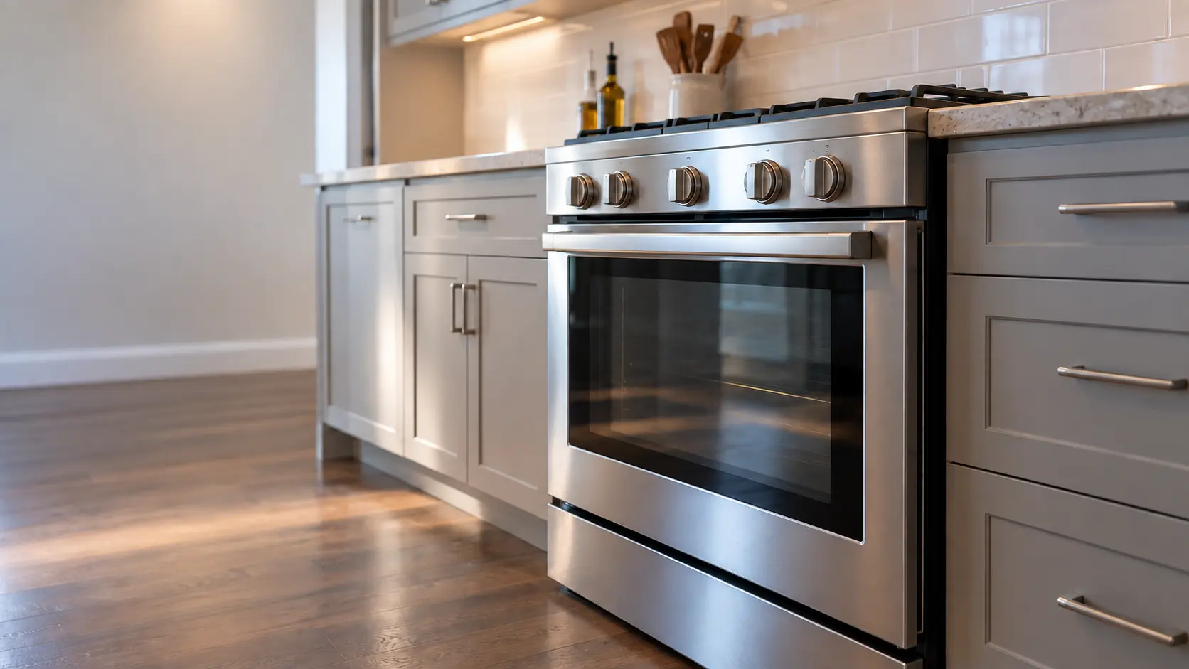 A kitchen with the range in a block house kitchen with a gas range, seen from a low angle, the oven door glass catching the light.