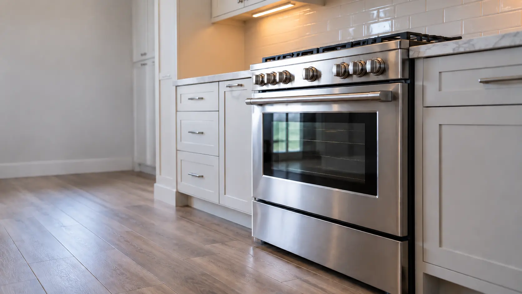A kitchen with the range in a newer subdivision kitchen with a 36-inch gas range, seen from a low angle, the oven door glass catching the light.