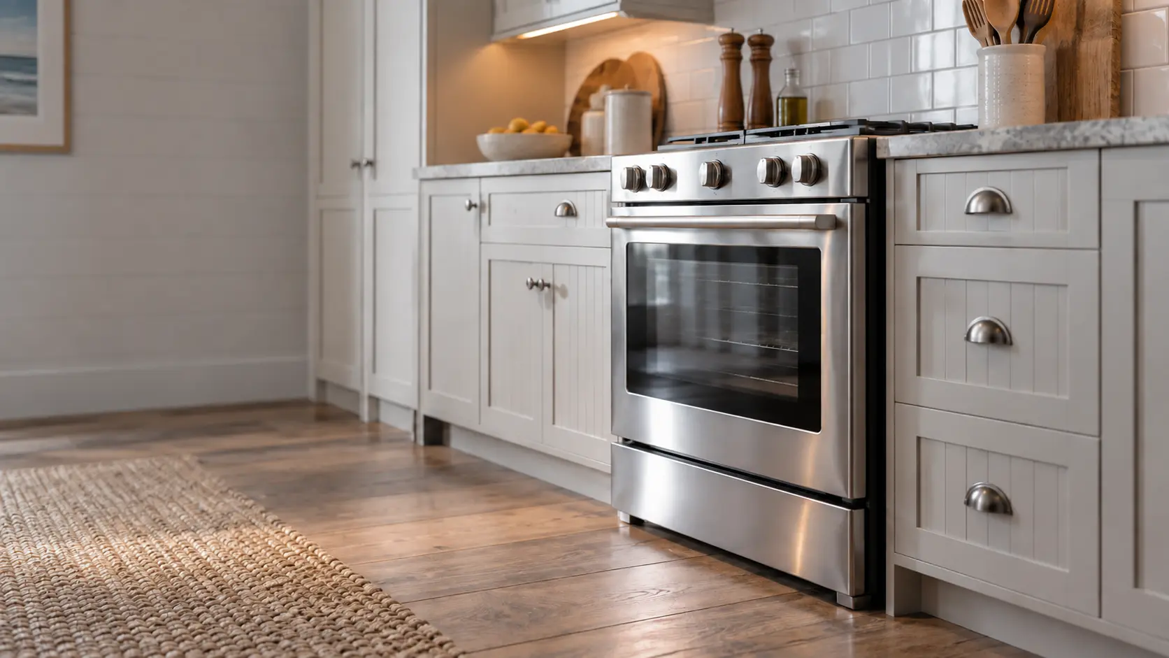 A kitchen with the range in a beach-town cottage kitchen with a compact range, seen from a low angle, the oven door glass catching the light.