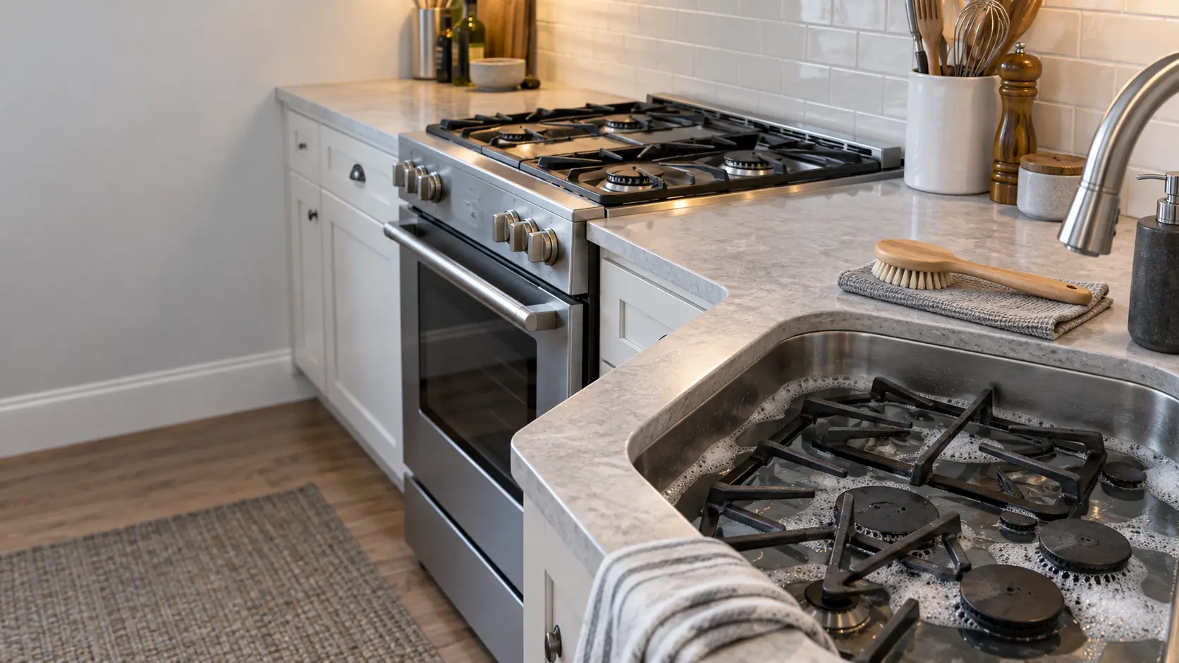 Burner caps and grates soaking in a sink beside a gas range, a soft brush on the counter.
