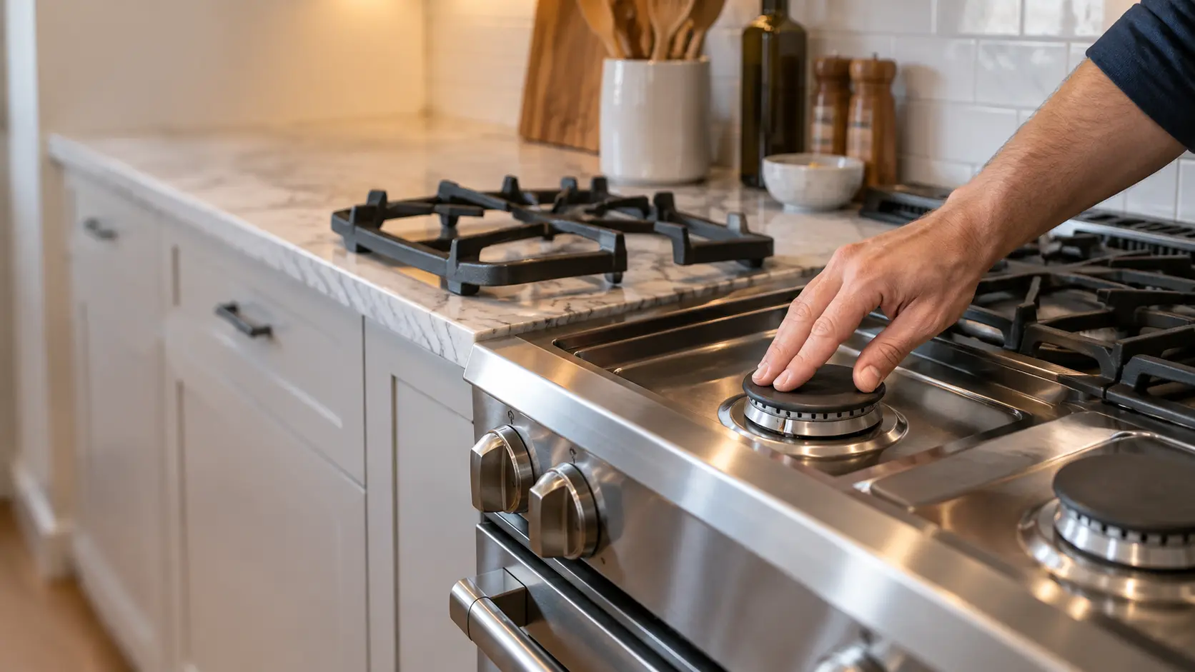 A hand pressing a burner cap flat onto its base on a gas range, the grate set aside.