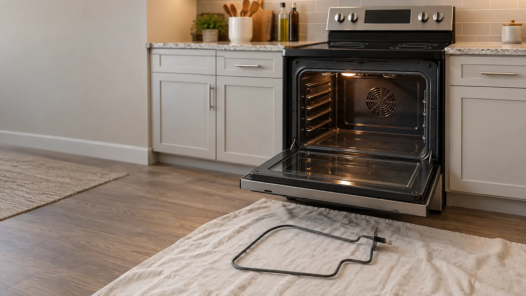 A new looped bake element lies ready on a drop cloth in front of the open oven of a freestanding range in a US home kitchen, the racks removed.