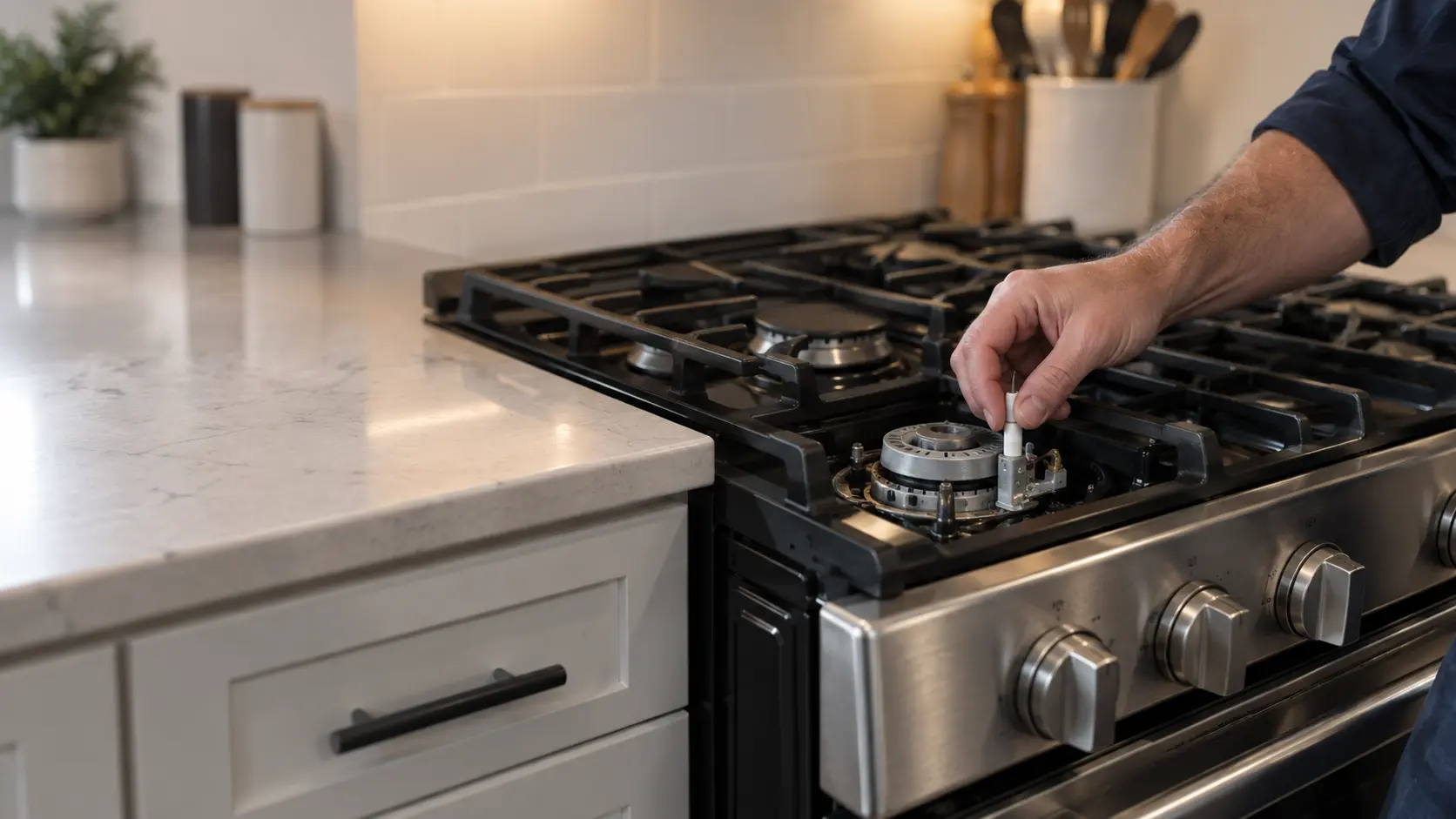 A technician's hand fits a new white ceramic spark igniter beside a bare burner base on a gas range in a US home kitchen.