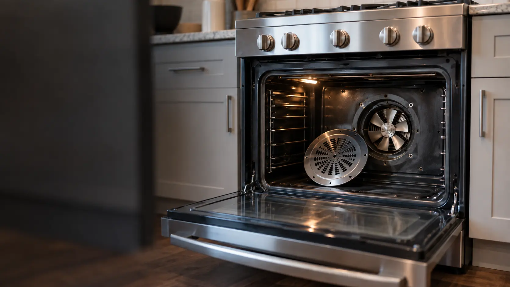 The back wall of an open range oven in a US home kitchen shows a round convection fan cover with its screws removed and the metal blade visible behind it.
