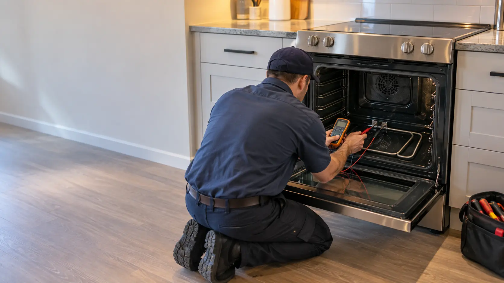 A technician kneels at an open freestanding range in a US home kitchen, holding a multimeter probe against the terminals of the bake element inside the oven.