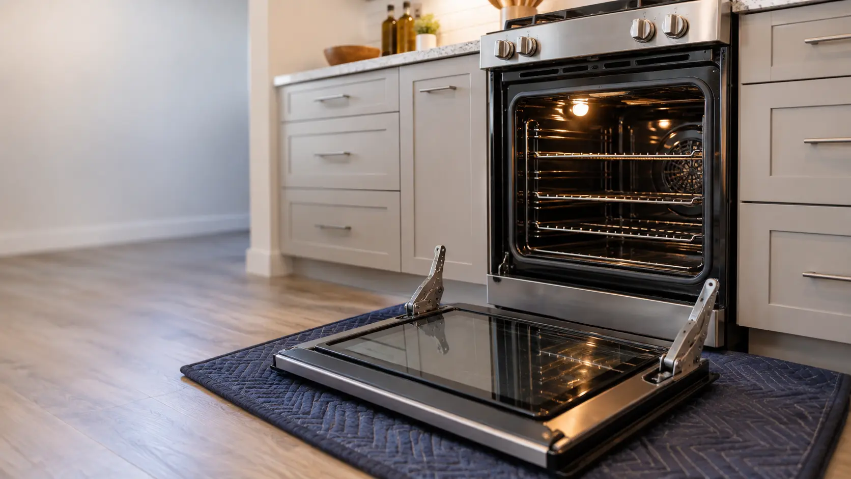The oven door of a freestanding range is lifted off and resting on a padded blanket in a US home kitchen, its two hinge arms pointing up.