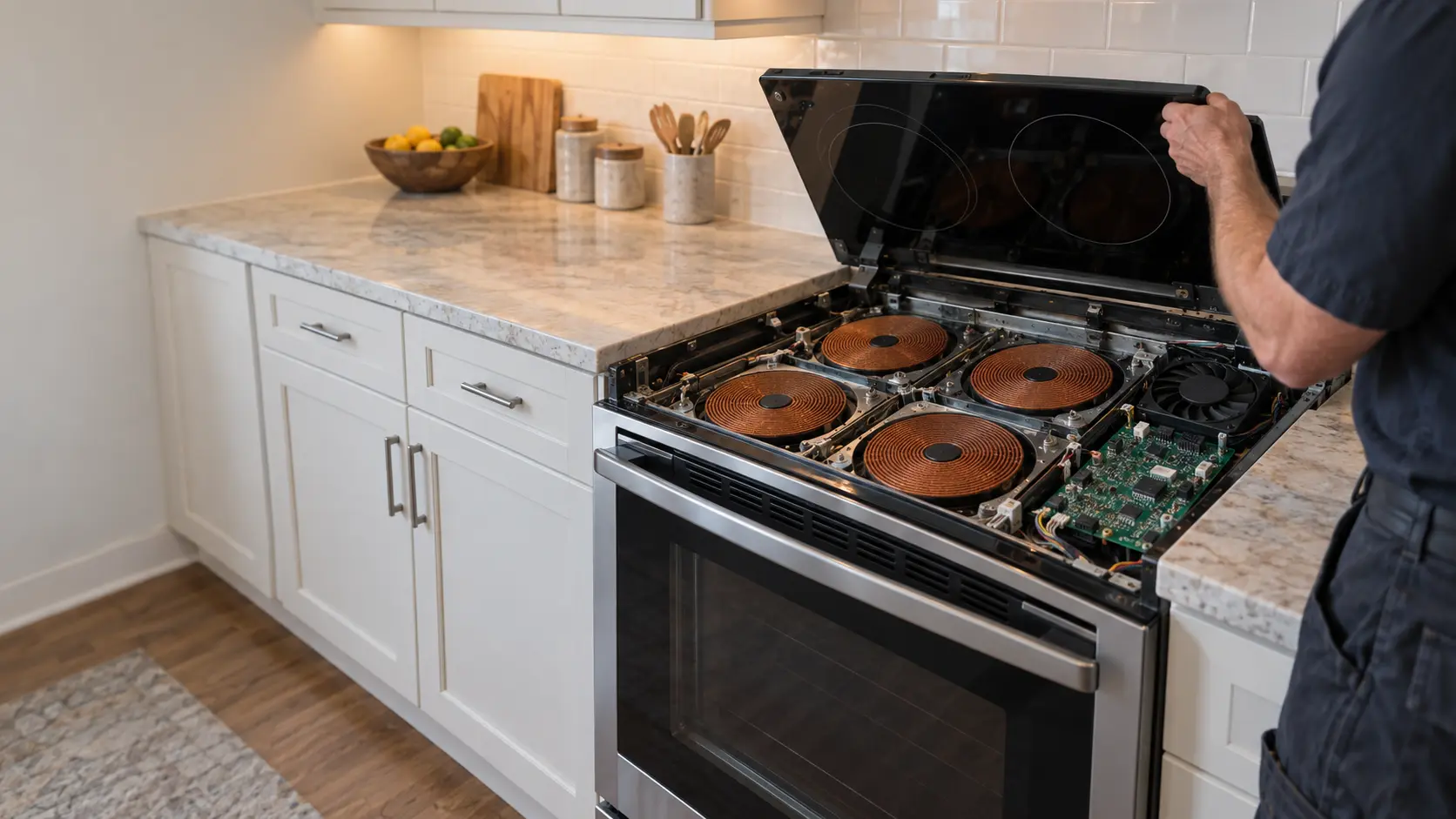 The glass top of an induction range is lifted away in a US home kitchen, exposing four flat copper coils and a green circuit board with a small cooling fan beside them.