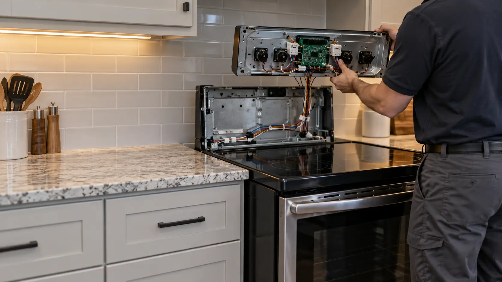 A technician holds the removed back control panel of a freestanding range in a US home kitchen, the wiring harness running down to a circuit board.