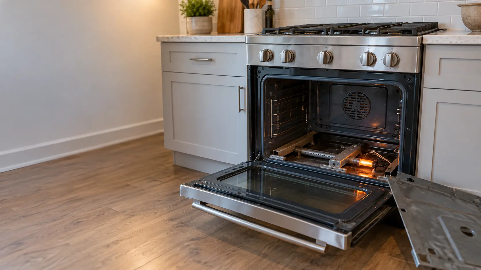 The floor panel of a gas range oven is lifted out in a US home kitchen, showing the burner tube and a flat igniter glowing bright orange beside it.