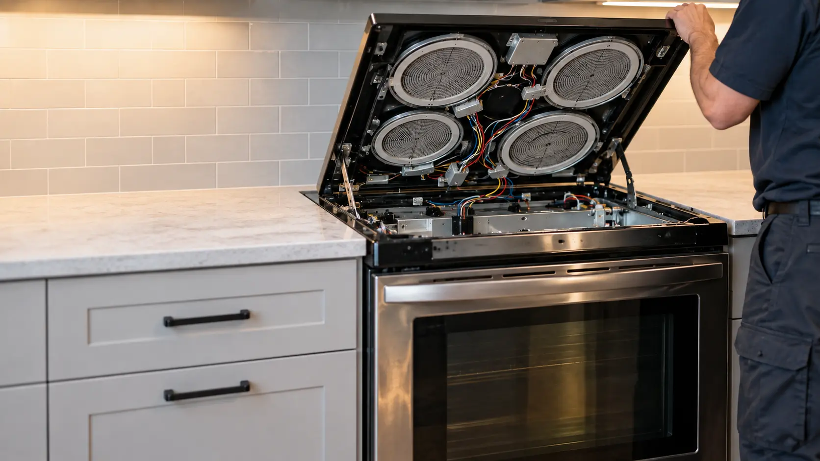 The glass top of a freestanding electric range is lifted on its hinge in a US home kitchen, showing the round radiant elements and their wiring underneath.