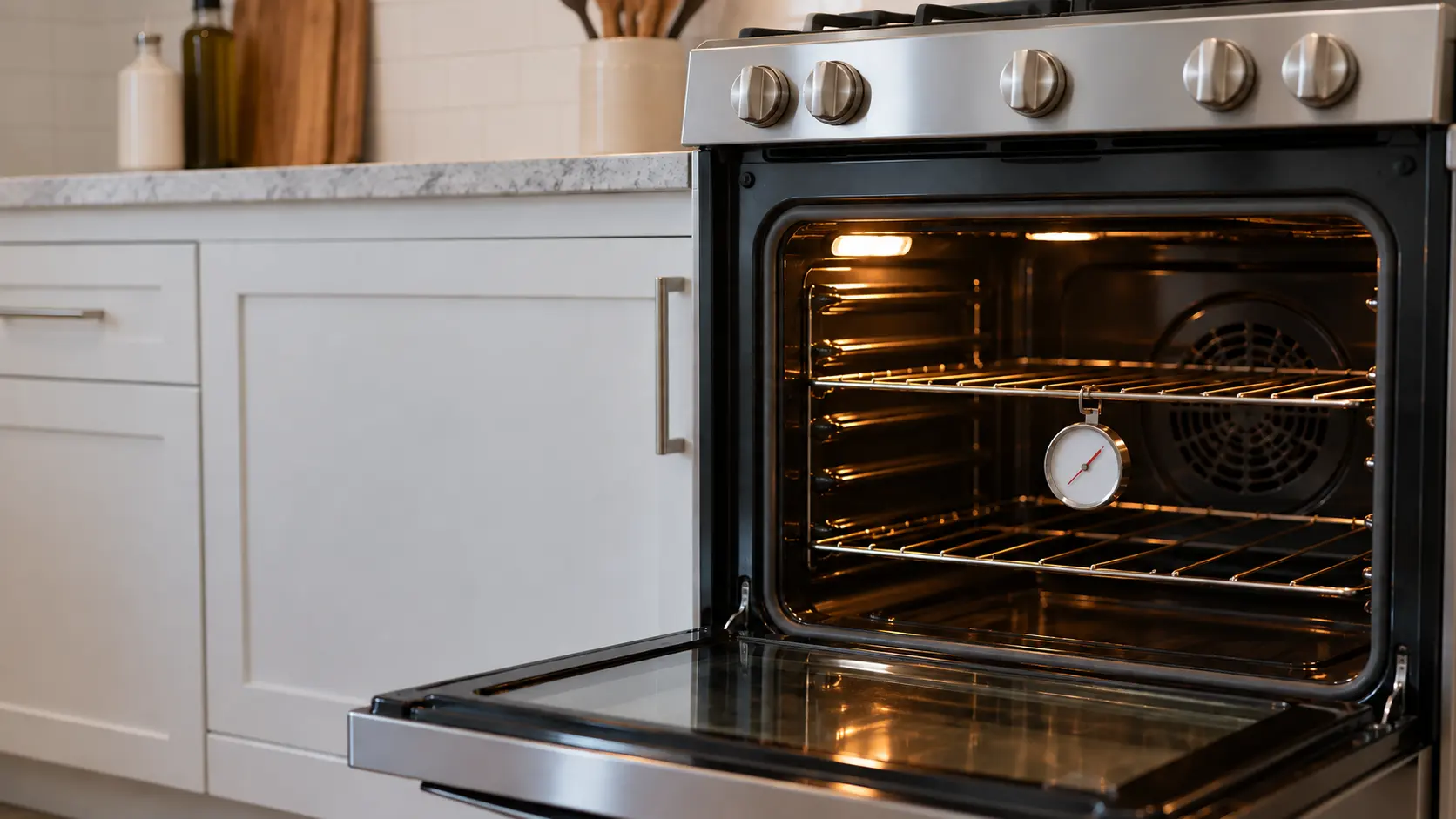 A round dial oven thermometer hangs from the middle rack of a freestanding range with its door open in a US home kitchen.
