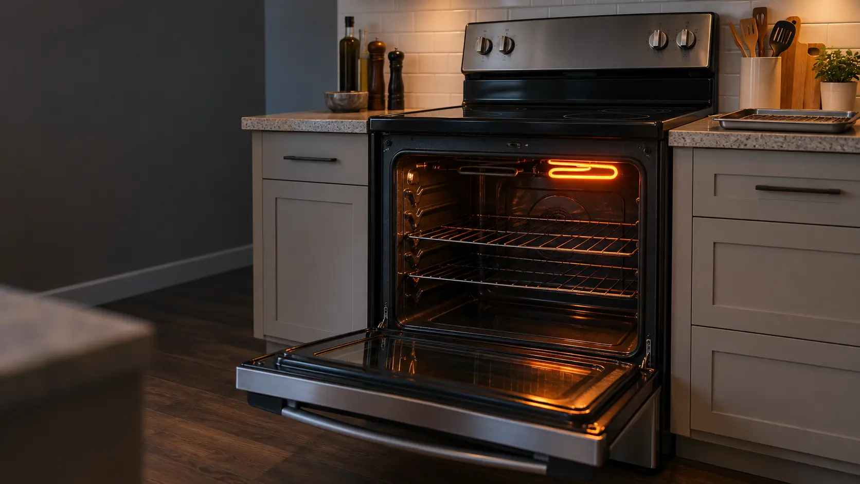 The open oven of a freestanding electric range in a US home kitchen, the broil element in the oven roof glowing orange along one side and dark along the other, a broiler pan waiting on the counter.