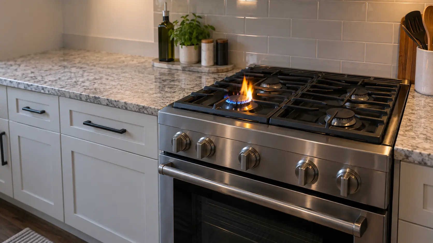 A gas range top in a US home kitchen with one burner lit in a lopsided ring, tall yellow tips on one side and short blue cones on the other, an empty grate above it.