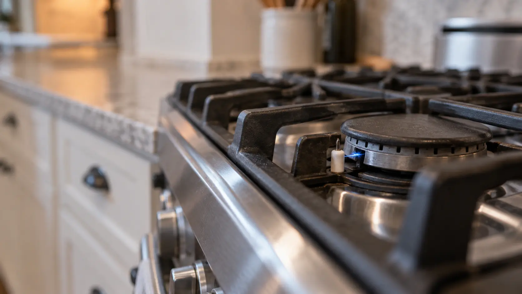 A close view of one gas range burner in a US home kitchen, a small blue spark jumping from the white igniter tip toward the unlit burner head, the black grates and knobs soft in the background.