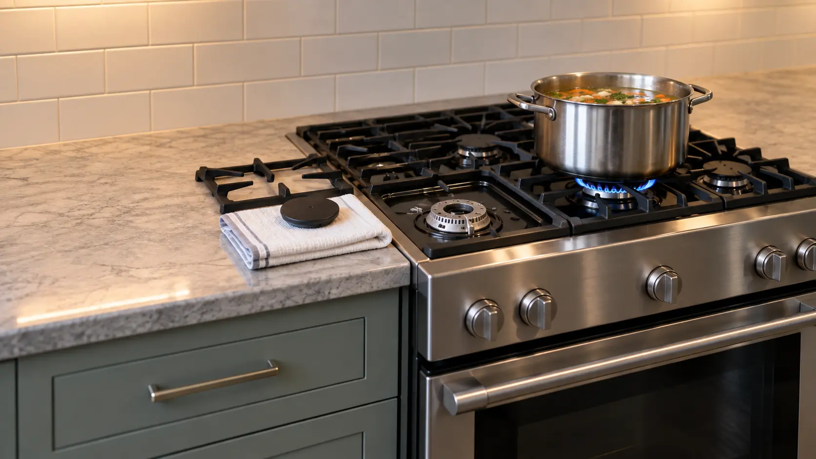 A gas range top in a US home kitchen with one burner cap lifted off and resting on a folded towel beside its grate, while the other burners burn with even blue flames under a pot of soup.