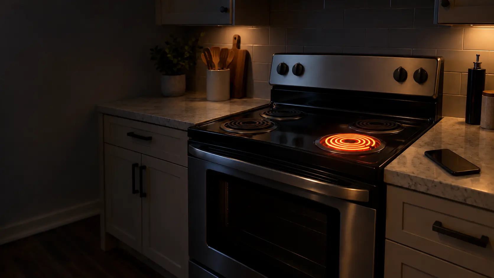 A freestanding coil-top electric range in a dark US home kitchen late at night, its front right coil glowing bright orange with nothing on it while every knob points to off, a phone lying on the counter nearby.